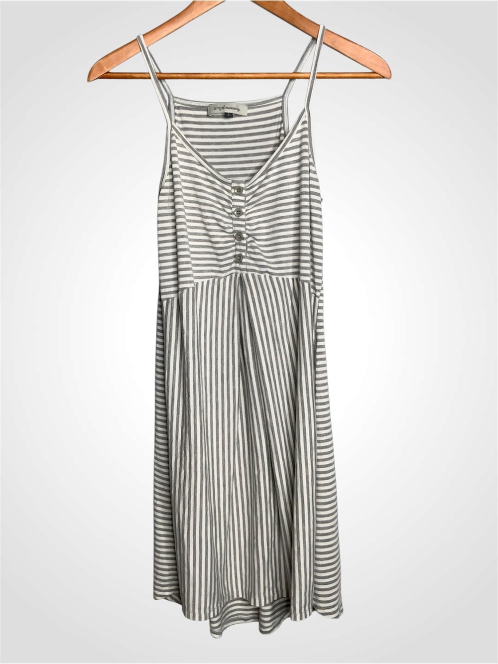 Angel Maternity Striped Spaghetti‑Strap Midi Dress in Gray and White Small